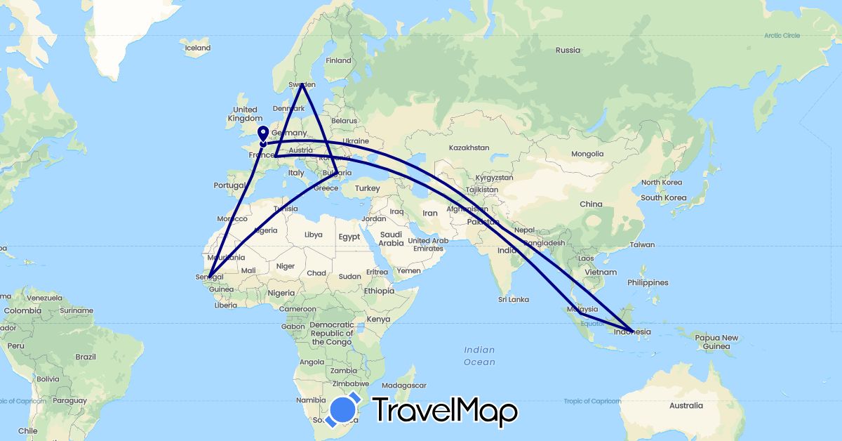 TravelMap itinerary: driving in Bulgaria, Switzerland, Spain, France, Indonesia, India, Morocco, Malaysia, Sweden, Senegal (Africa, Asia, Europe)